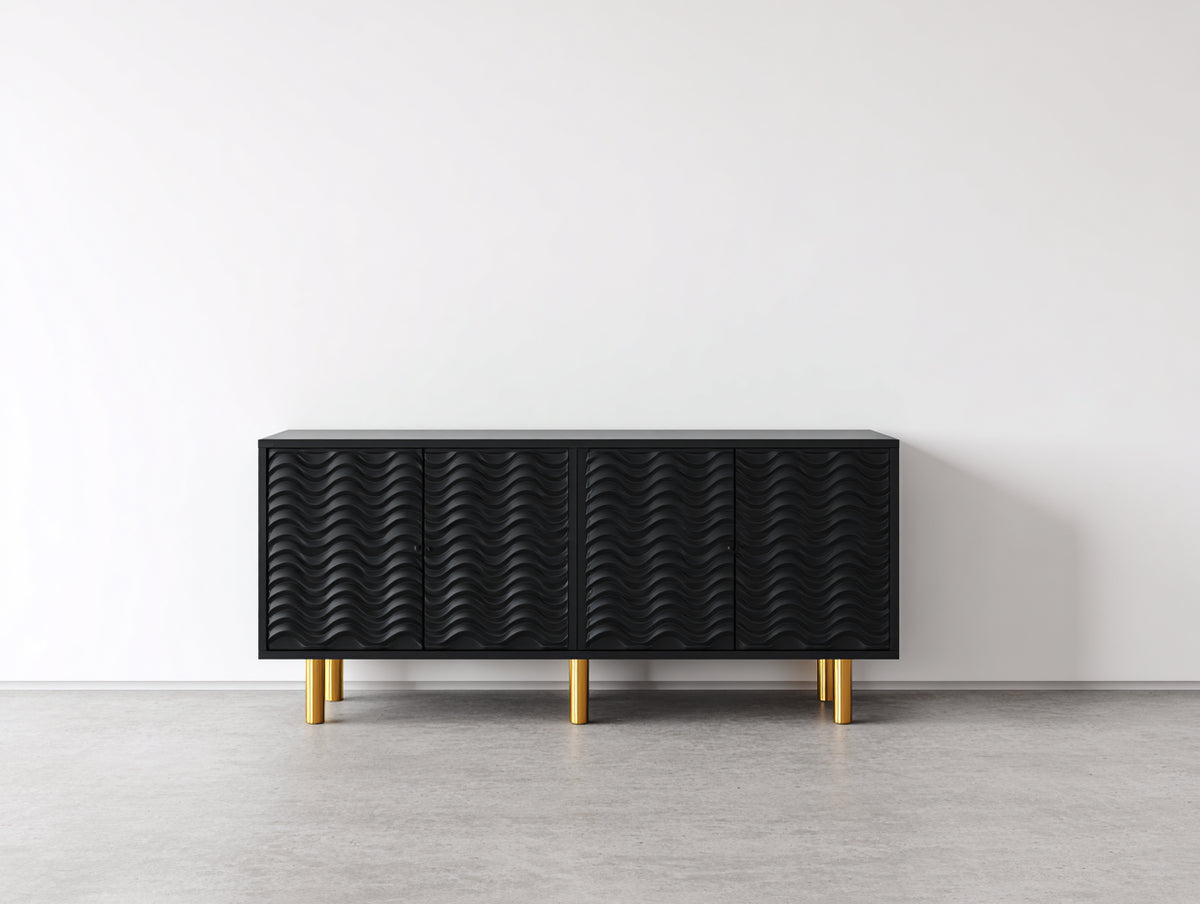 Mueble recibidor de madera con 4 puertas 160x40x78 cm - Negro y dorado - diseño moderno con relieve ondulado