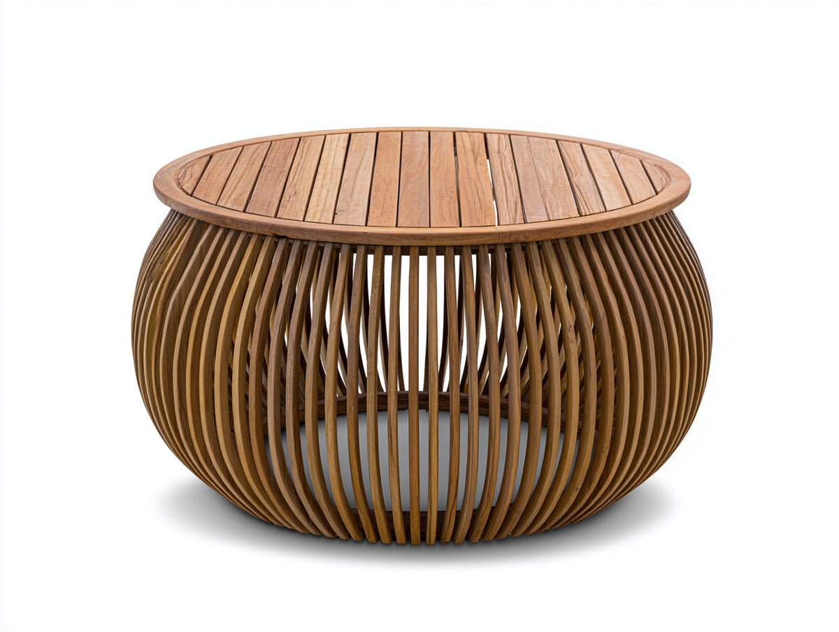 Mesas de jardín de madera y ratán 120x120x75 cm - madera natural - diseño redondo para exterior