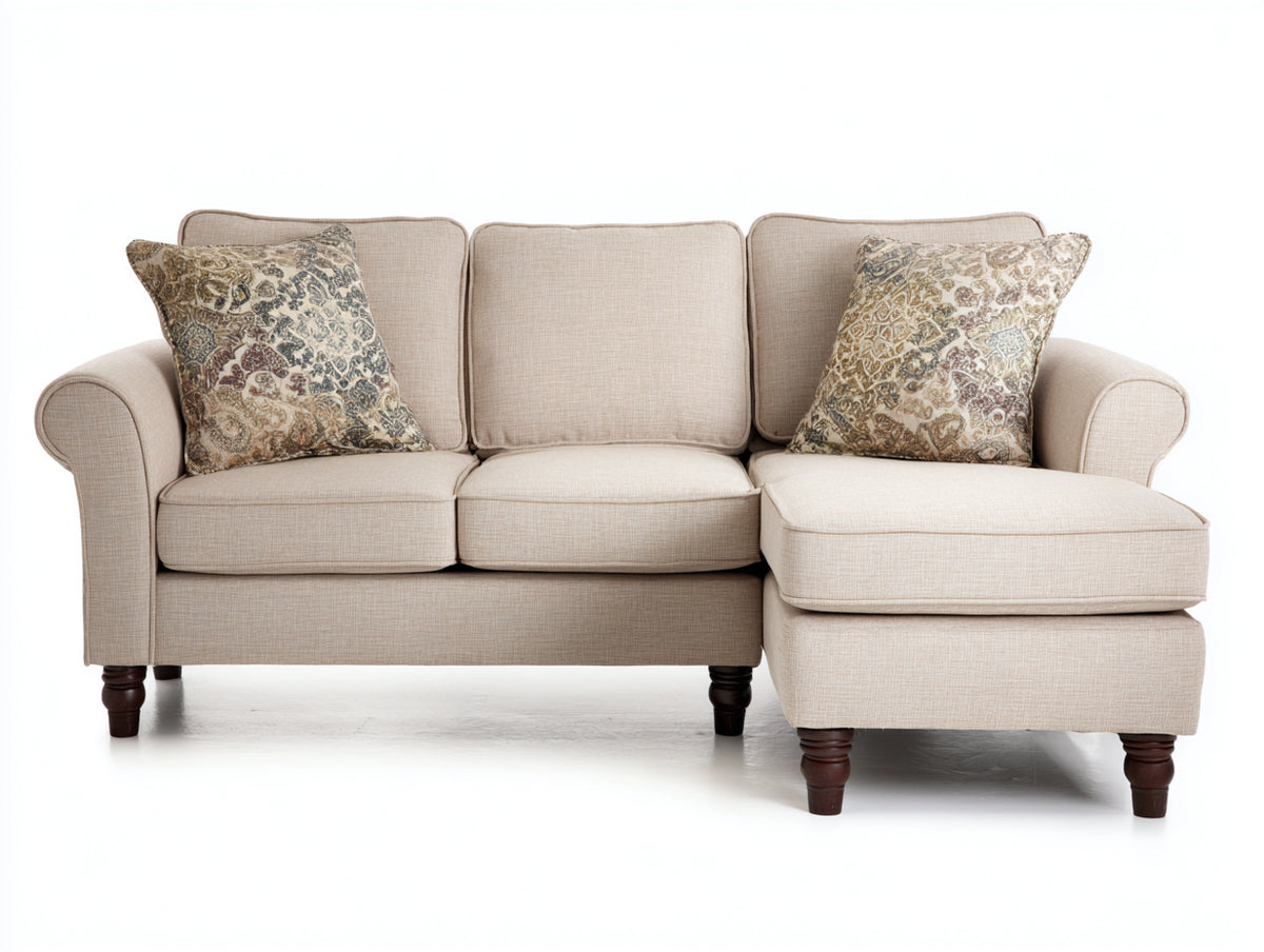 Sofás de esquina tapizados en tela 245x165x88 cm beige para salón con patas de madera estilo clásico