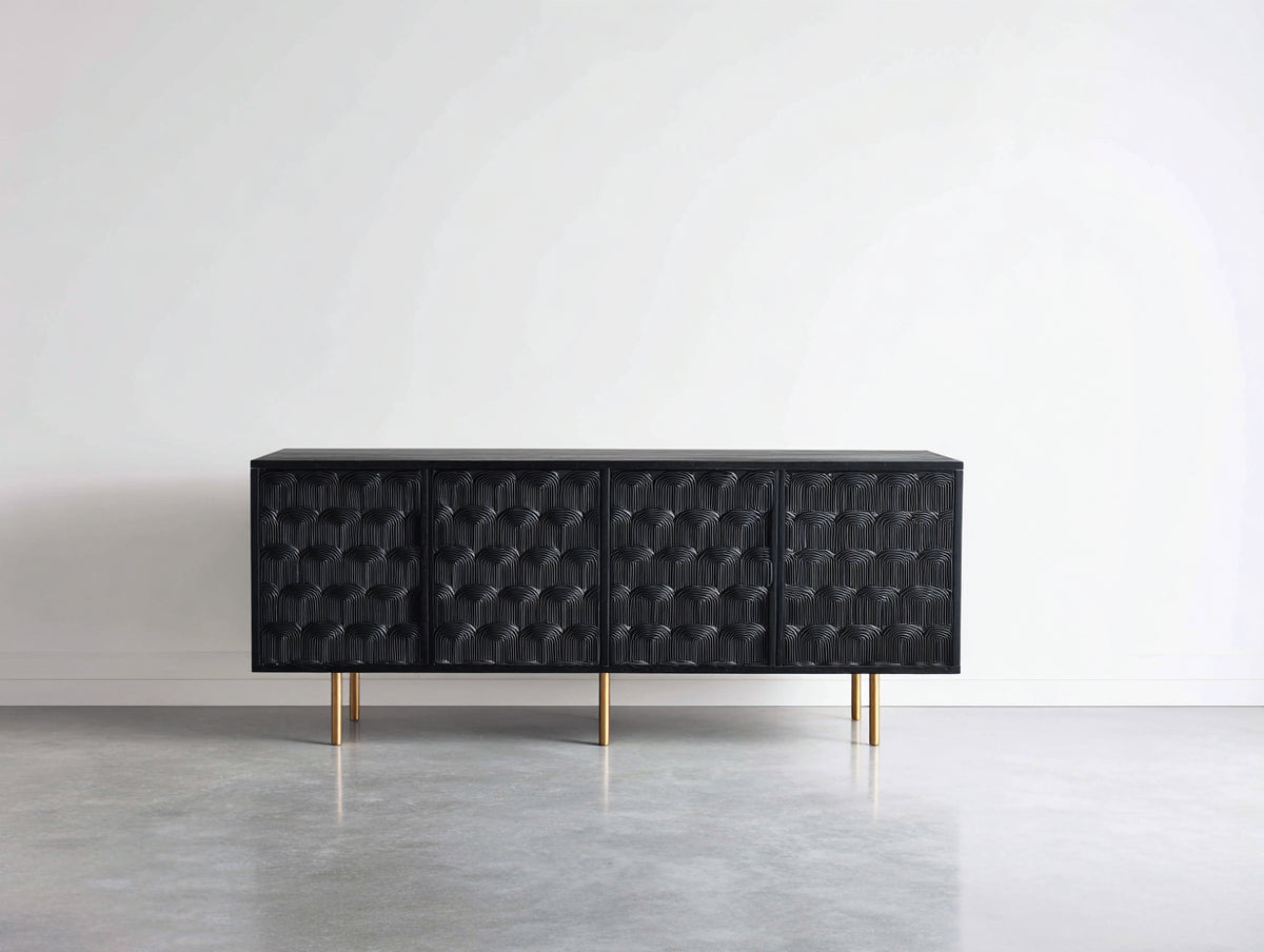 Mueble recibidor con 4 puertas y relieve decorativo 180x42x78 cm negro-dorado para entrada diseño moderno