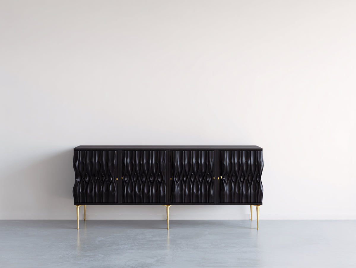 Mueble recibidor de madera manufacturada 180x45x78 cm - negro-dorado - 4 puertas con frente tallado