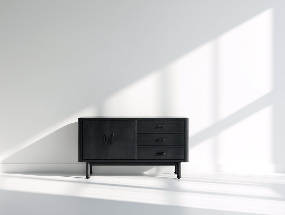 Mueble recibidor de madera manufacturada 140x40x72 cm - negro - 2 puertas y 3 cajones