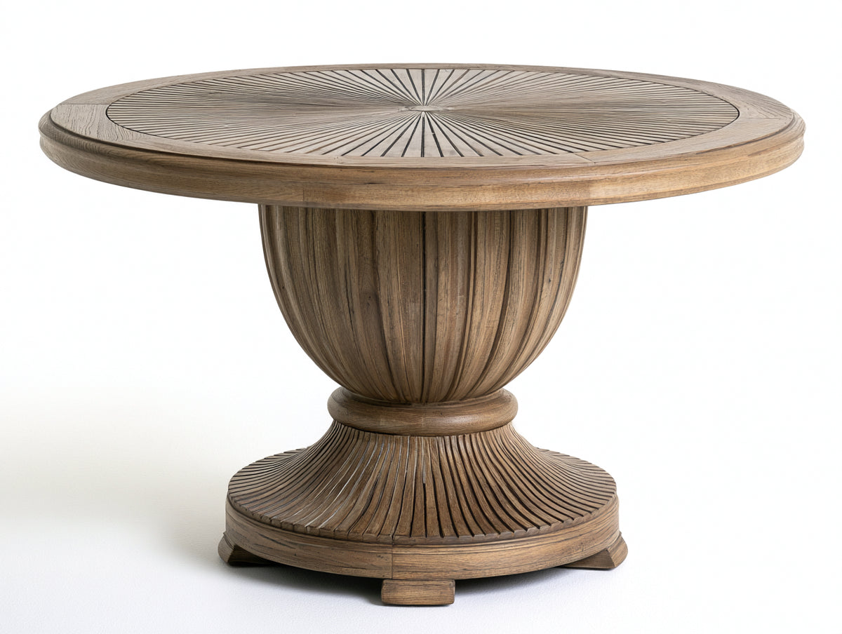 Mesas de jardín redondas de madera 140x140x75 cm - Madera natural envejecida - diseño radial para terraza