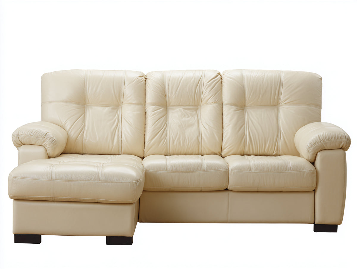 Sofás de esquina tapizados en piel sintética 260x165x95 cm crema para salón con asiento extendido estilo moderno