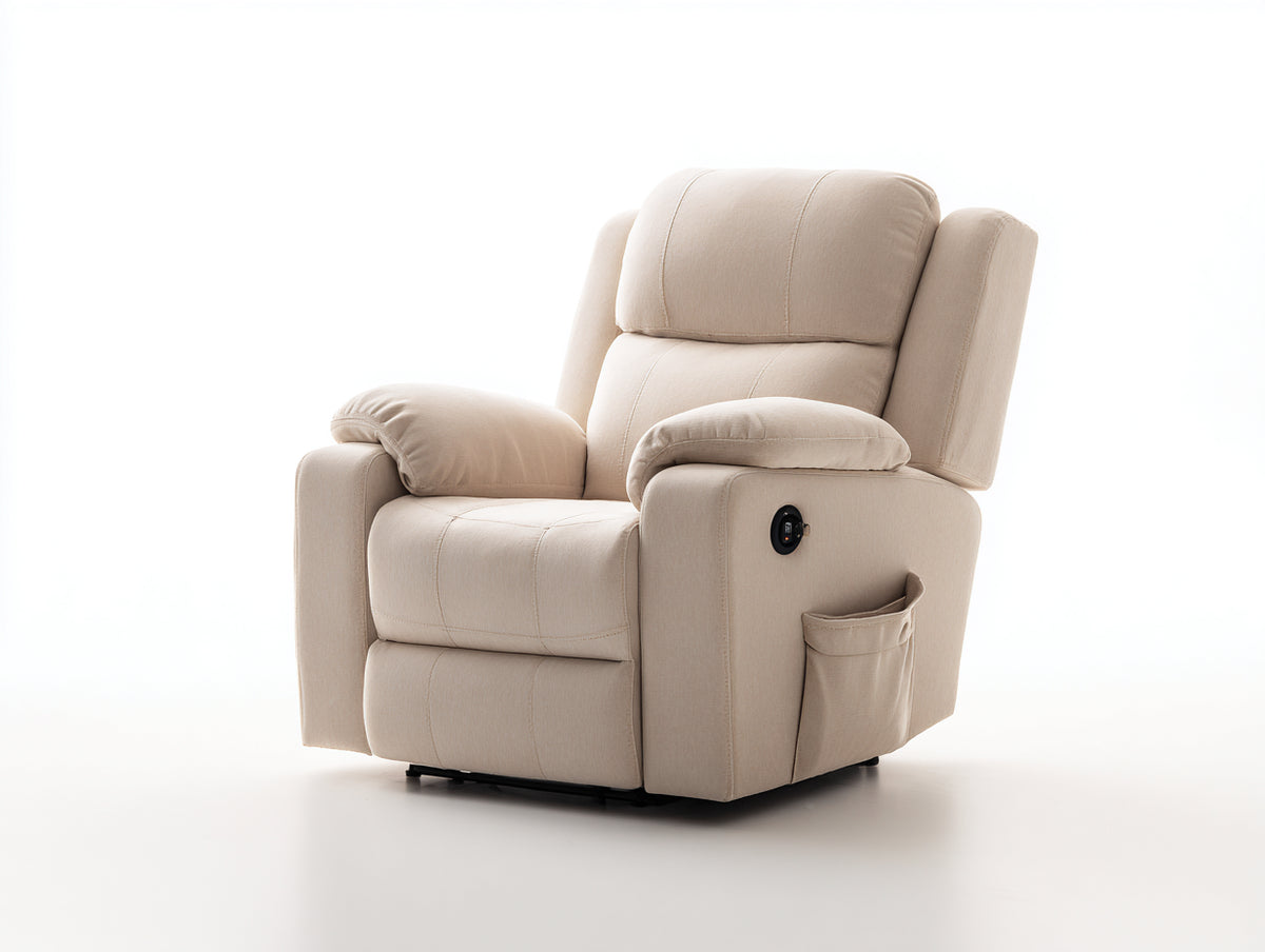 Sillones reclinables tapizados en tela 90x95x105 cm beige para salón con reposapiés y bolsillo lateral estilo moderno