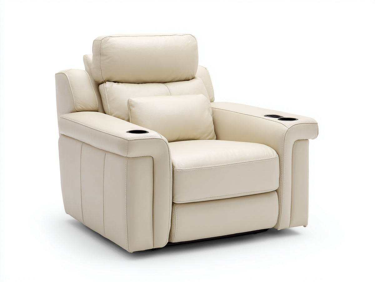 Sillones reclinables tapizados en piel sintética 100x98x108 cm crema para salón con portavasos y reposapiés estilo moderno