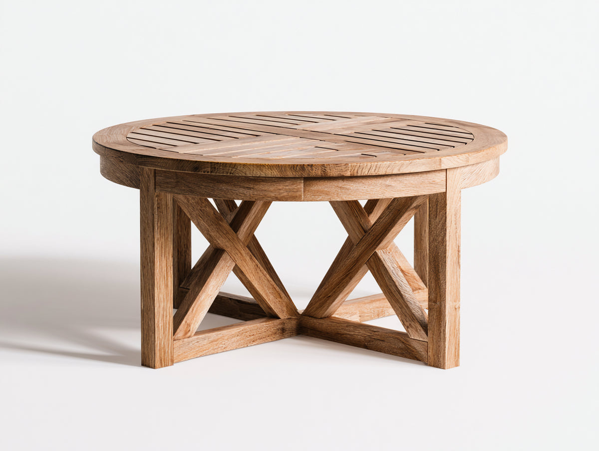 Mesas de jardín de madera 130x130x75 cm - madera natural - diseño redondo rústico para exterior