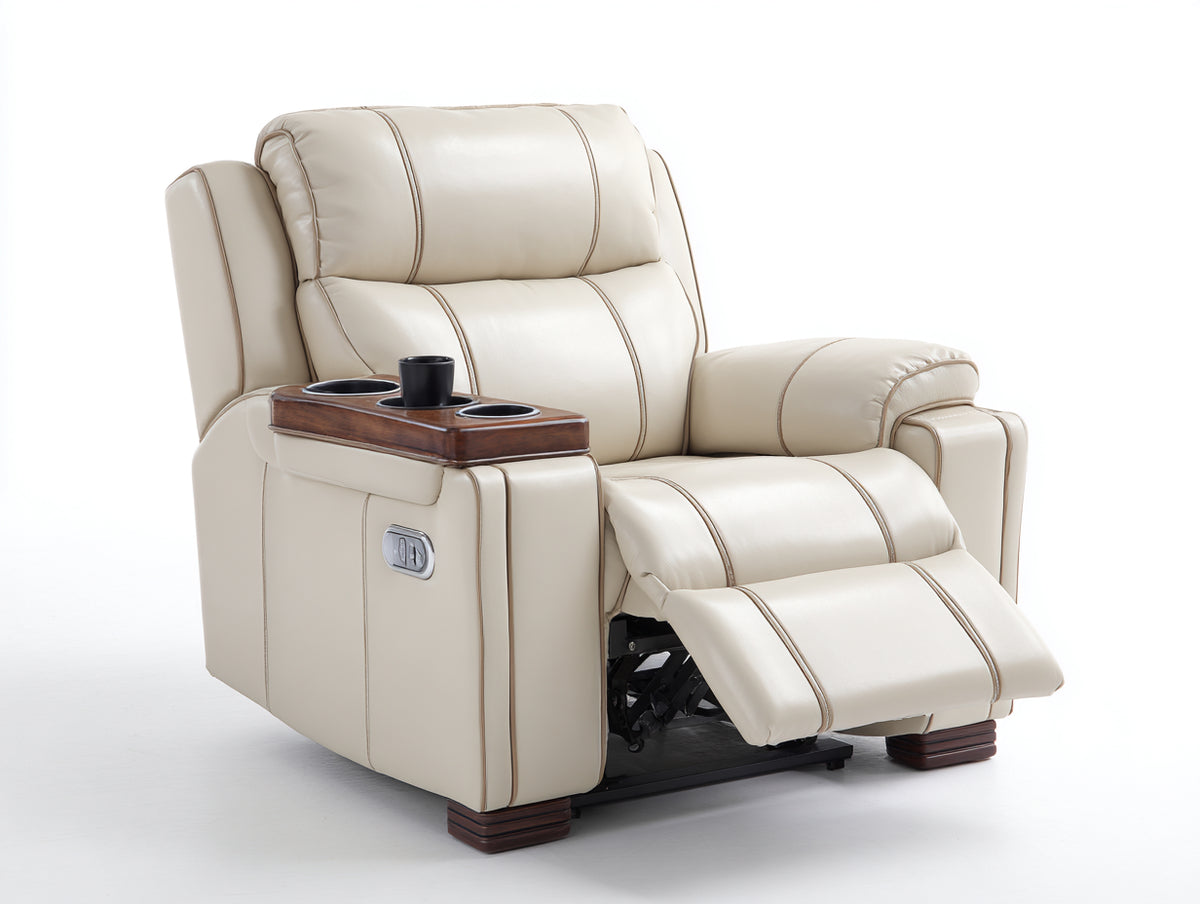 Sillones reclinables eléctricos tapizados en cuero sintético 94x98x112 cm crema para salón con reposapiés y portavasos