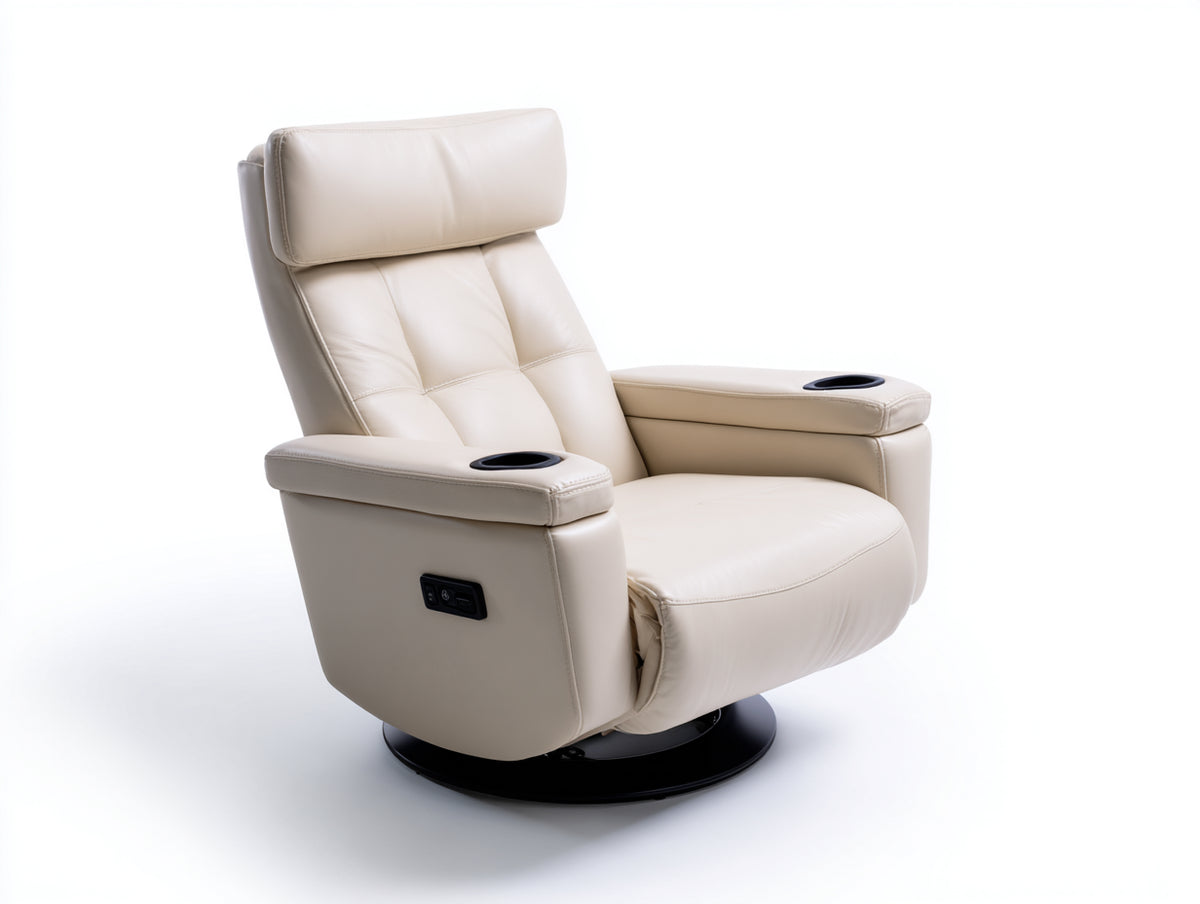 Sillones reclinables tapizados en piel sintética 92x96x110 cm beige para salón con portavasos y base giratoria estilo moderno