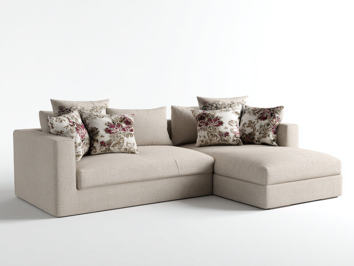 Sofás de esquina tapizados en tela 285x180x82 cm beige para salón estilo moderno