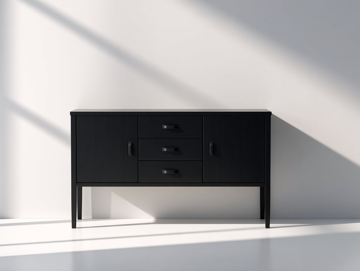 Mueble recibidor de madera MDF 140x40x80 cm negro para entrada con 2 puertas y 3 cajones estilo moderno