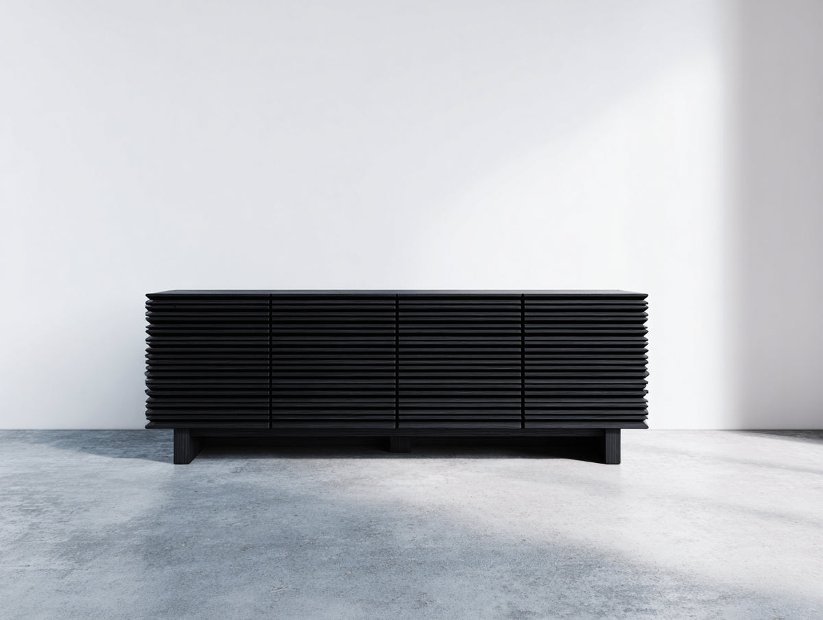 Mueble recibidor de madera con 4 puertas 180x40x65 cm - Negro - diseño moderno con frente acanalado